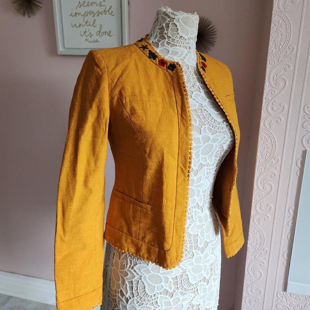Unique SPLASH brand mustard yellow poly mix open blazer fun 6